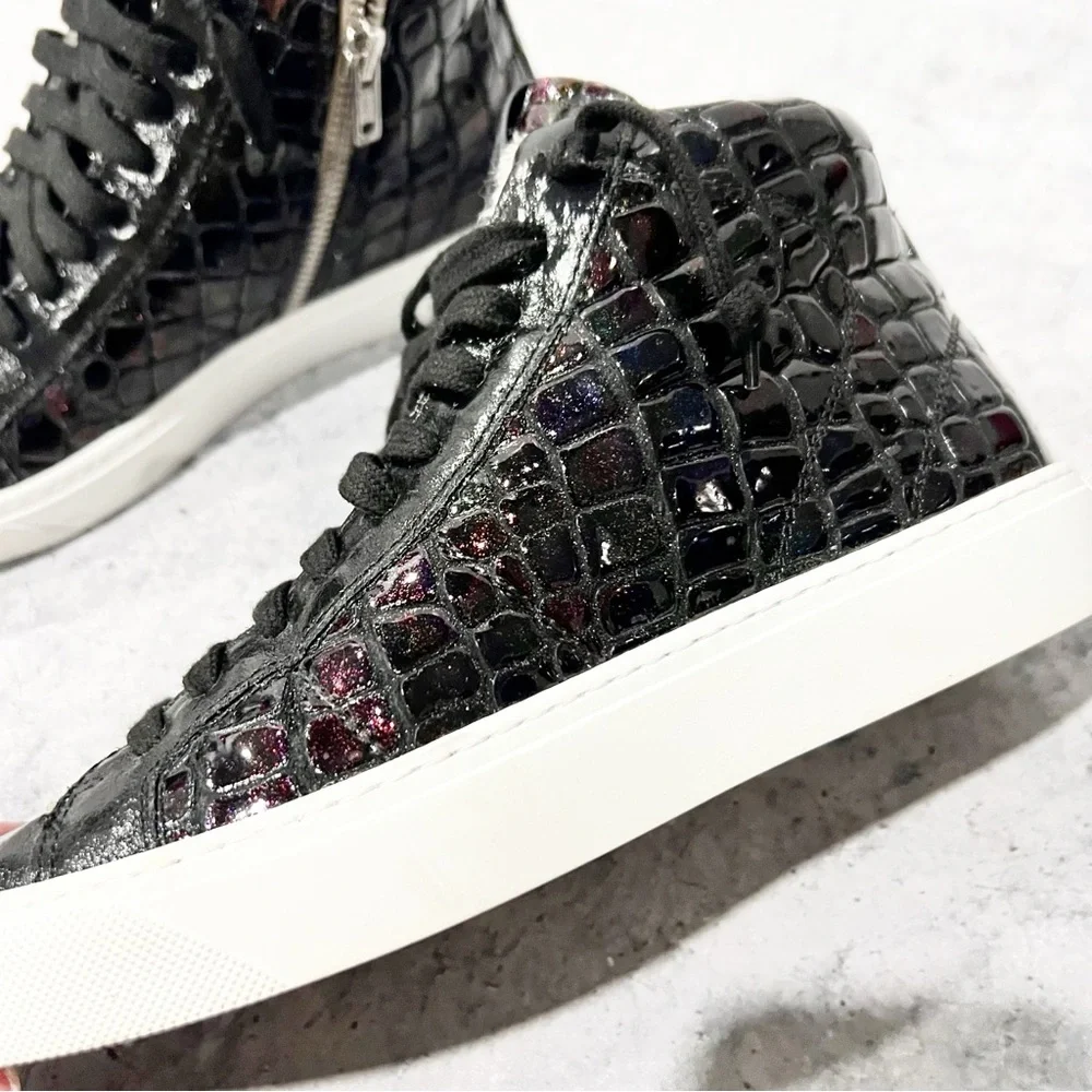 P448 Women's Fantasy Glitter Croc Embossed High Top Sneakers Black 37 US 7